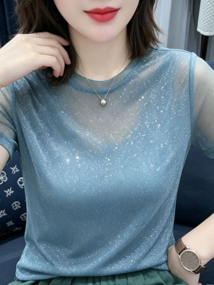 Women Fashion Over The Years - Shiny Sequin Elastic Net Sleeveless round